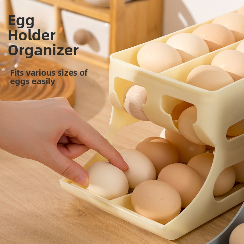 Плъзгащ се яйчен органайзер за кухнята: три слоя, двойно ред, пластмасов, за плот