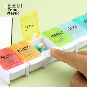Θήκη χαπιών εβδομαδιαία με μηχανισμό ώθησης, φορητός μικρός ταξιδιωτικός οργανωτής φαρμάκων, μοντέλο 353, πλαστικό PP9025, με διαχωριστές και καπάκι