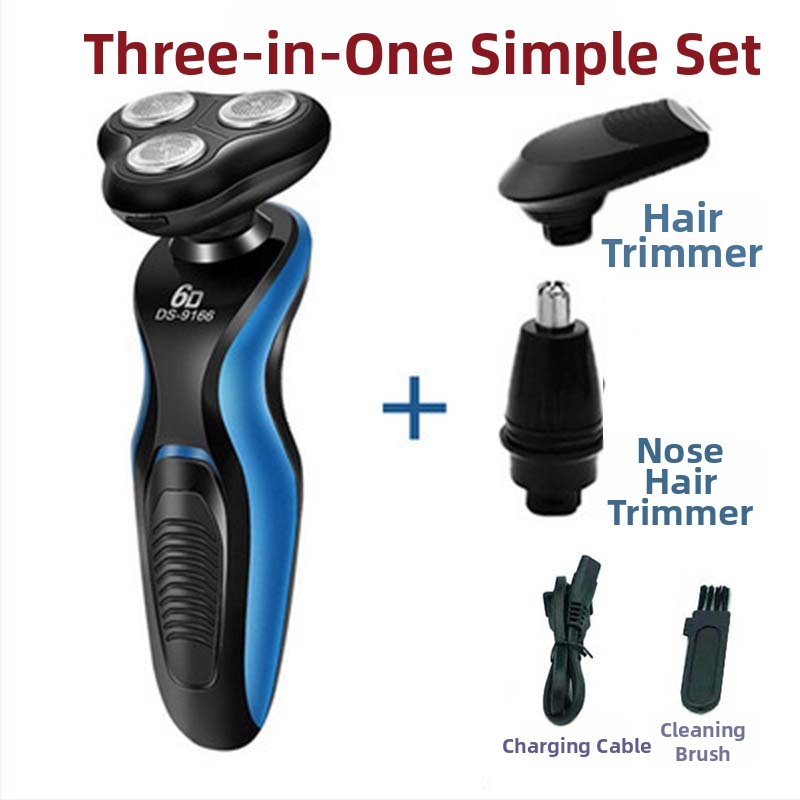 Elektrinis skutimosi aparatas su rotuojančia 3 peilių galvute, įkraunamas, integruota 500–800 mAh baterija, plaunamas, žemas triukšmas 36–45 dB