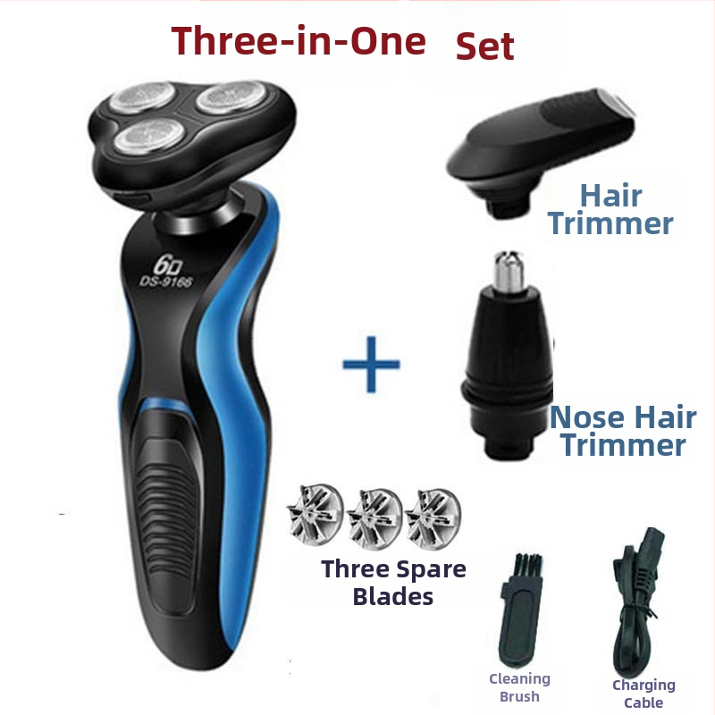 Elektrinis skutimosi aparatas su rotuojančia 3 peilių galvute, įkraunamas, integruota 500–800 mAh baterija, plaunamas, žemas triukšmas 36–45 dB