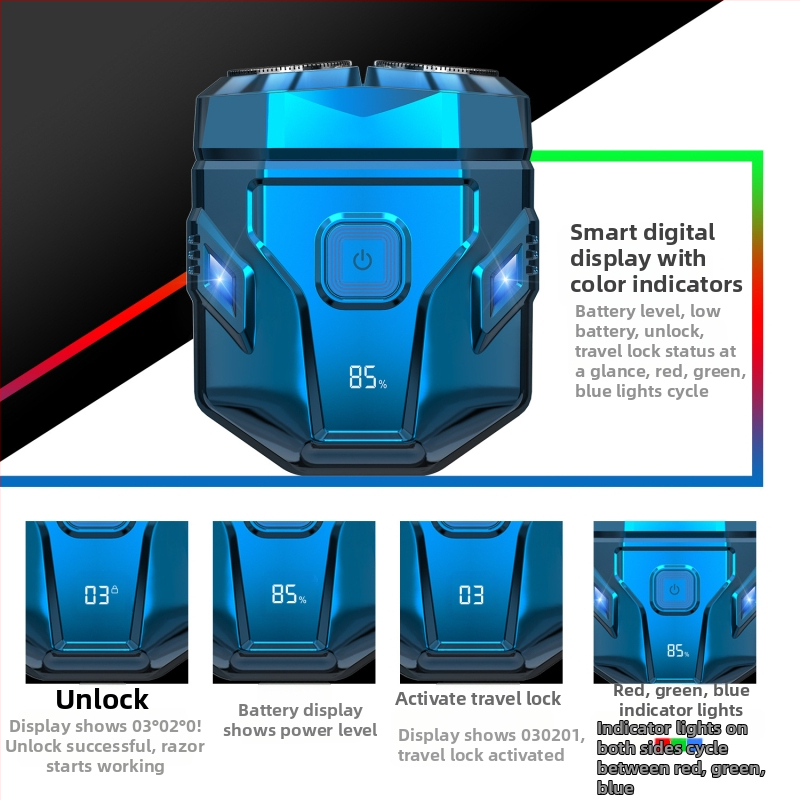 Elektrinis skustuvas, nešiojamas ir atsparus vandeniui, su LED ekranu, pasukama dviejų peiliukų galva, įmontuota baterija iki 50 minučių.