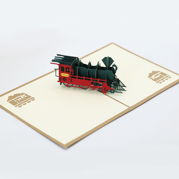 3D pop-up картичка с винтидж локомотив мотив на специална хартия – подарък за Деня на детето