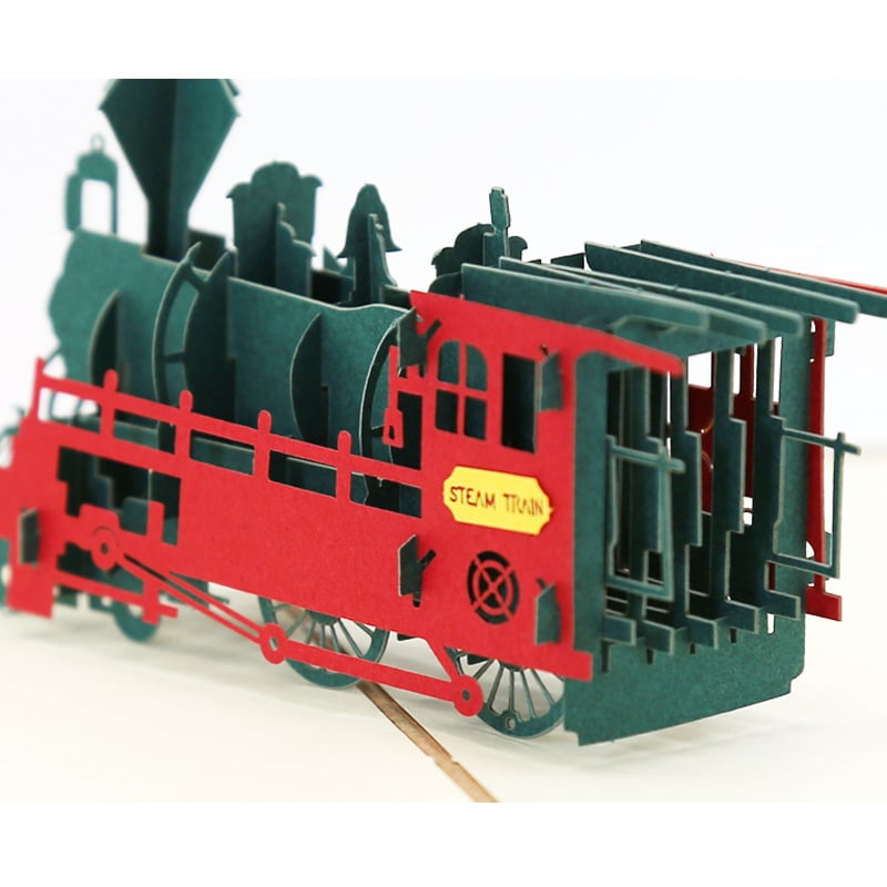 3D pop-up картичка с винтидж локомотив мотив на специална хартия – подарък за Деня на детето