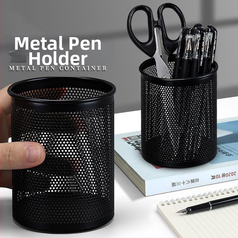 Kruhový kovový držiak na perá s mriežkou – stolový organizér, viacúčelový, matný priehľadný úložný box