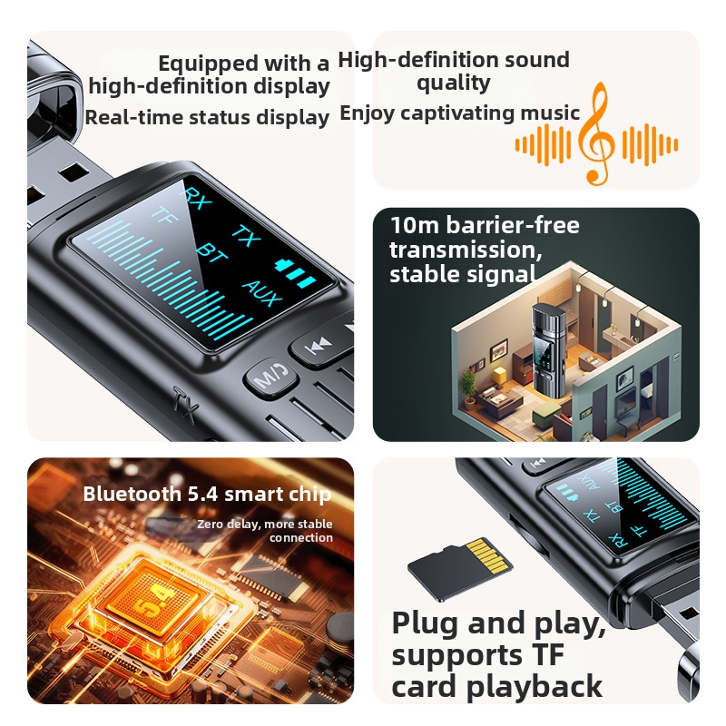 GT72 Bluetooth 5.4 2-in-1 приемник-предавател с цифров дисплей и 3,5 мм AUX, външно захранване