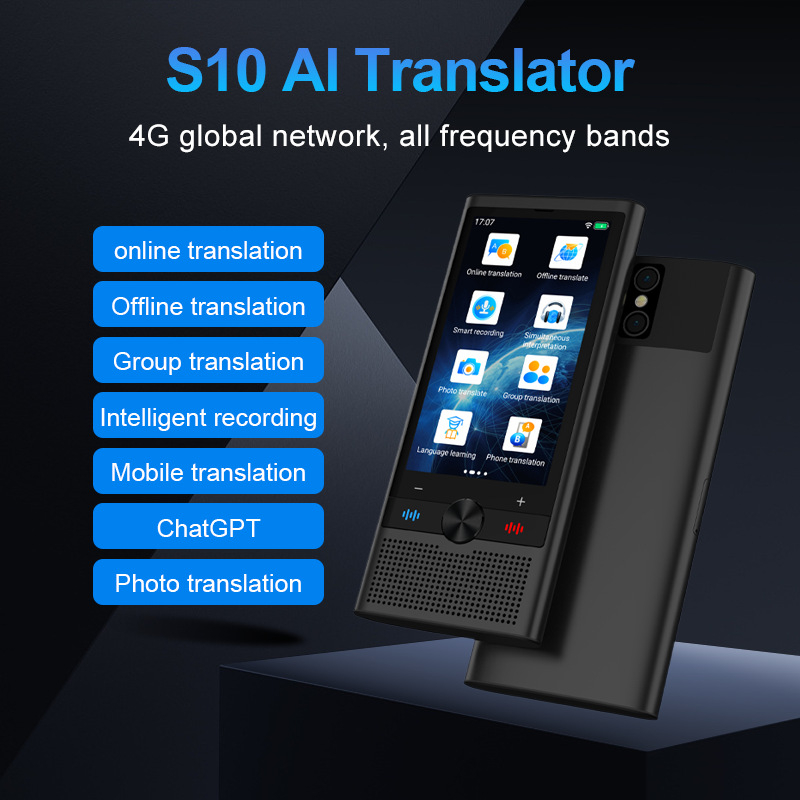 S10 интелигентен преводач за групи, Android, Bluetooth, обхват 10 м, бутон + тъч екран, превод в реално време