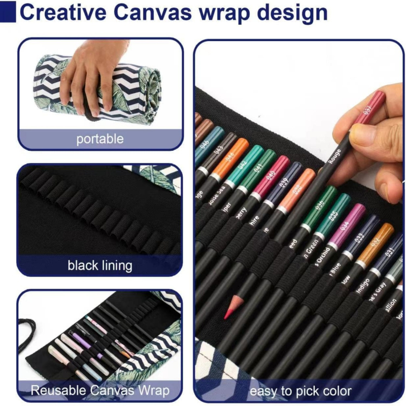 Olaj alapú színes ceruzák roll-tartóval és vászontáskával; ceruzák fából készült tokban