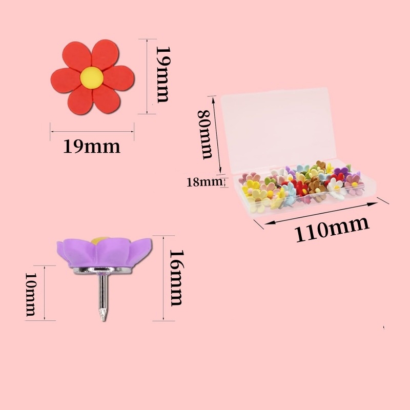 Trydimensiniai šešių žiedlapių gėlės iš dervos su plienine viela, plokščios smeigtukai nuotraukoms, 30 vnt dėžutėje