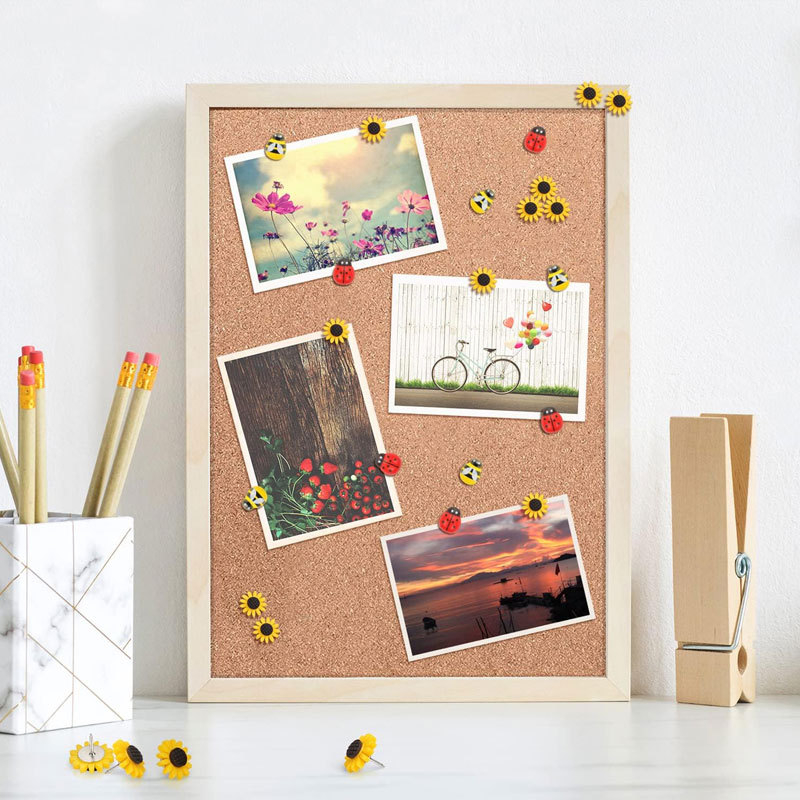 Plokščios galvos smeigtukų rinkinys, 30 vienetų dėžutėje, medis + derva + metalas, bitės, saulėgrąžos ir boružė motyvai