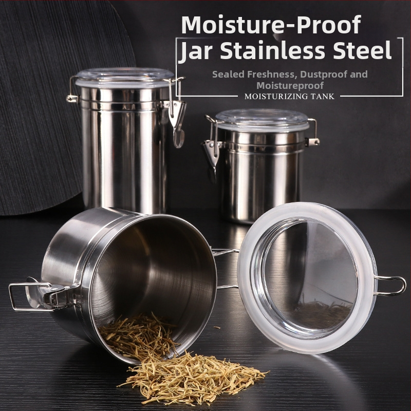 Štvordielna sada nerezových uzatvárateľných nádob s kruhovým tvarom, objem 800-1000 ml, vhodná na kávu, čaj, mliečny prášok a sušené ovocie