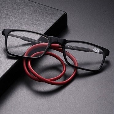 Skaitymo akiniai su dervos lęšiais, anti-mėlynos šviesos filtras, TR90 rėmas, kvadratinė forma, magnetinė kaklo juosta