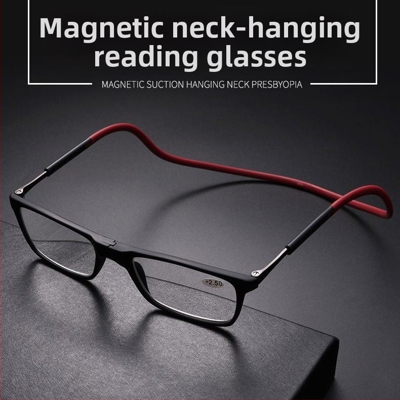 Skaitymo akiniai su dervos lęšiais, anti-mėlynos šviesos filtras, TR90 rėmas, kvadratinė forma, magnetinė kaklo juosta