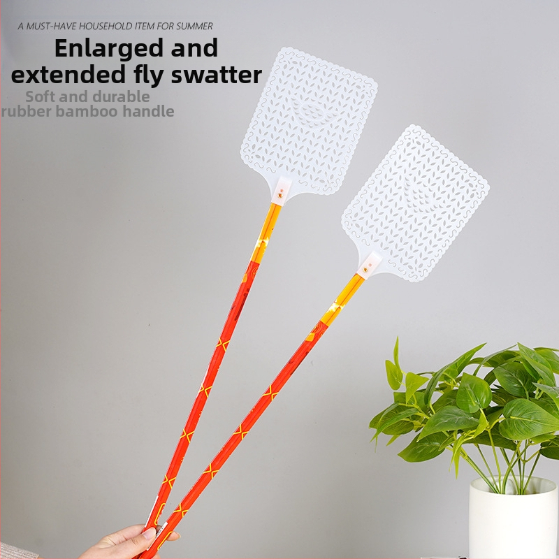 Musėms plaktukas su ilgu bambuko koteliu, paprastas dizainas namų naudojimui; medžiaga: bambukas; tikslai: musės, tarakonai, uodai; nekoksiškas.