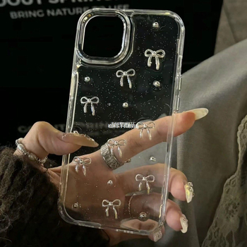 TPU obal pre iPhone 15 Pro Max s gravírovaním, trblietavý motív s mašličkou a kresleným motívom, proti pádu, možnosť prispôsobenia, štýlový