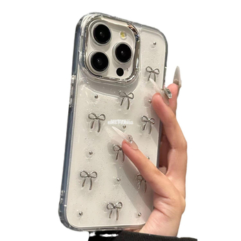 TPU obal pre iPhone 15 Pro Max s gravírovaním, trblietavý motív s mašličkou a kresleným motívom, proti pádu, možnosť prispôsobenia, štýlový