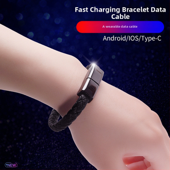 Гривна‑кабел за данни с три интерфейса: Type-C, Lightning и Micro USB; бързо зареждане до 60W; материал: плетена конструкция