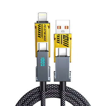 4-в-1 кабел с дигитален дисплей за Lightning и Type-C, 100W, преплетен