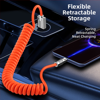 Автомобилен кабел за данни и зареждане със пружинен телескопичен дизайн, 100W бързо зареждане, Lightning и USB-C интерфейси, с един конектор, PVC кабел