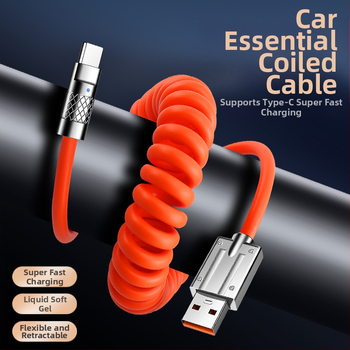 Автомобилен кабел за данни и зареждане със пружинен телескопичен дизайн, 100W бързо зареждане, Lightning и USB-C интерфейси, с един конектор, PVC кабел