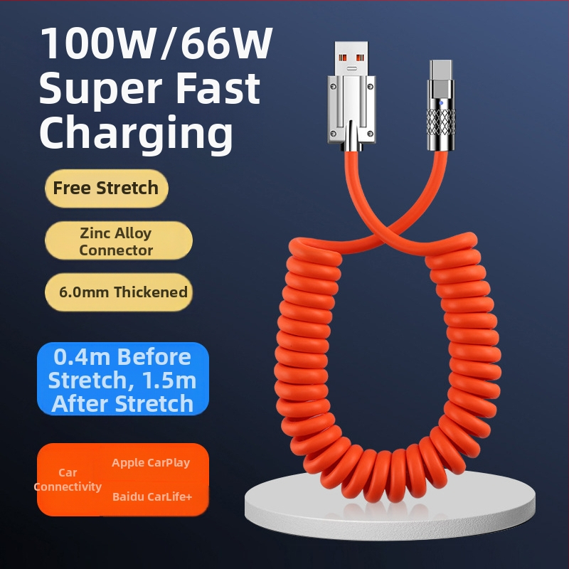 Autokábel pre dáta a nabíjanie so pružinovým teleskopickým dizajnom, 100W rýchle nabíjanie, rozhrania Lightning a USB-C, s jedným konektorom, PVC kábel