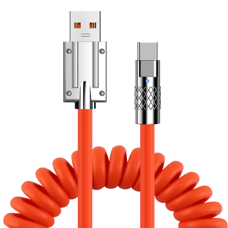 Autokábel pre dáta a nabíjanie so pružinovým teleskopickým dizajnom, 100W rýchle nabíjanie, rozhrania Lightning a USB-C, s jedným konektorom, PVC kábel