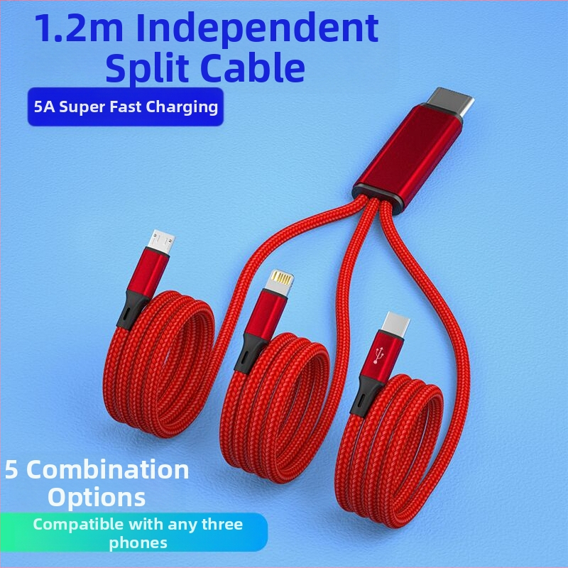 Мултиконекторен USB-C/Lightning/Micro USB плетен зареждащ кабел, 3-пътово разделяне, Quick Charge 22.5W, алуминиева сплав