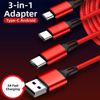 3-u-1 pleteni USB kabel za napajanje i prijenos podataka za Huawei Type-C Android uređaje, brzo punjenje 3A, tri konektora u jednom: USB, 8PIN i Micro USB