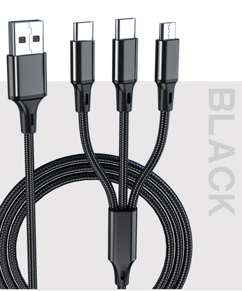 3-u-1 pleteni USB kabel za napajanje i prijenos podataka za Huawei Type-C Android uređaje, brzo punjenje 3A, tri konektora u jednom: USB, 8PIN i Micro USB