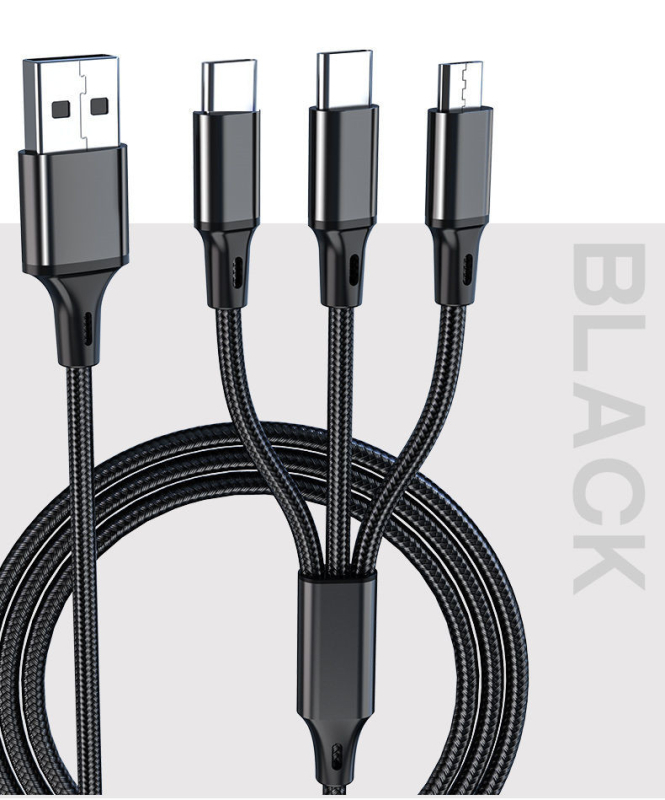 3-в-1 плетен USB кабел за зареждане и данни за Huawei Type-C Android устройства, бързо зареждане 3A, три конектора в един: USB, 8PIN и Micro USB