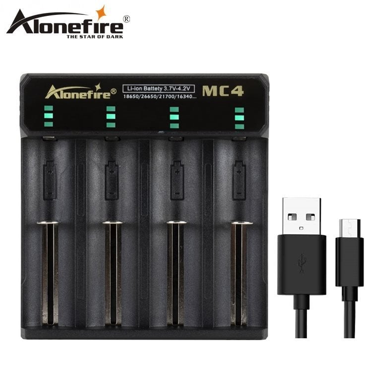 Alonefire MC4 зарядно устройство за батерии, 4 слота, съвместимо с 18650/21700/26650, интелигентно зареждане, вход 5V/2A
