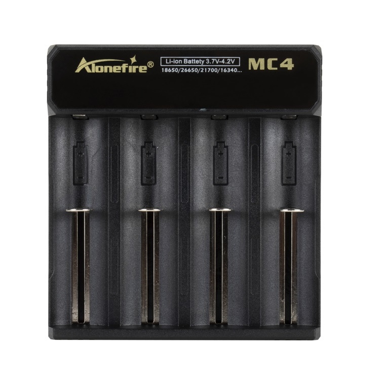 Alonefire MC4 зарядно устройство за батерии, 4 слота, съвместимо с 18650/21700/26650, интелигентно зареждане, вход 5V/2A
