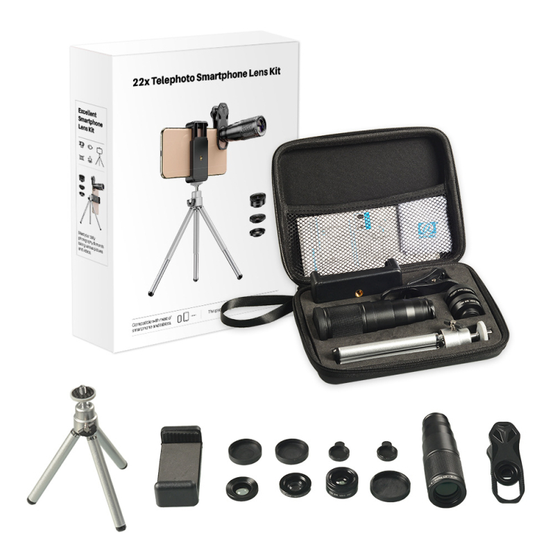APEXEL 4-in-1 mobiliųjų telefonų objektyvas: 22x teleobjektyvas, makro, plataus kampo – modelis APL-22X105, universali suderinamumas
