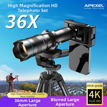 APEXEL APL-36XCR50 Mobilus teleobjektyvas telefonui, visiškai metalinis korpusas, išorinis stovas
