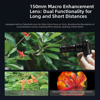 APEXEL TM6 išmaniojo telefono telefoto makro objektyvas, 6x didinimas, 2-in-1 telefoto makro, suderinamas su 99% išmaniųjų telefonų modelių (Apple, Oppo, OnePlus, Samsung, Huawei, Honor, Xiaomi); svoris 131 g.