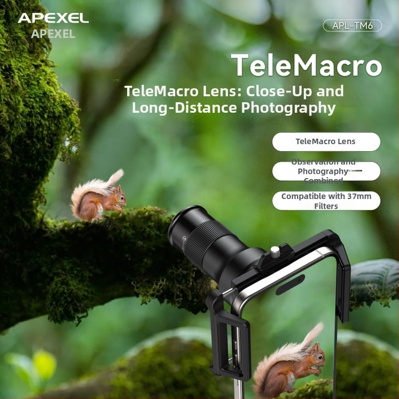 APEXEL TM6 išmaniojo telefono telefoto makro objektyvas, 6x didinimas, 2-in-1 telefoto makro, suderinamas su 99% išmaniųjų telefonų modelių (Apple, Oppo, OnePlus, Samsung, Huawei, Honor, Xiaomi); svoris 131 g.