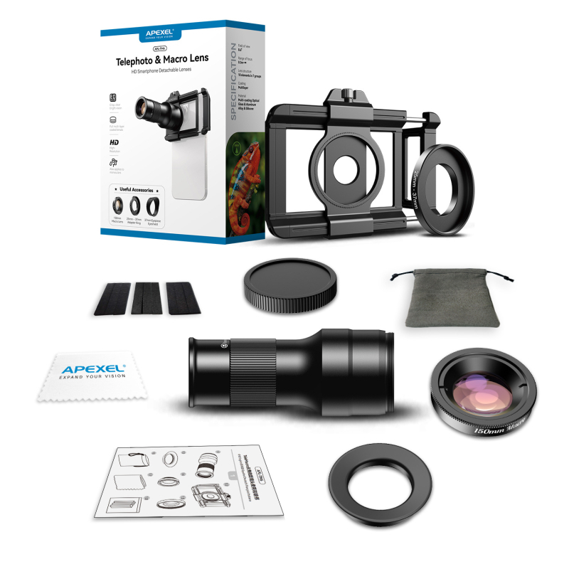 APEXEL TM6 išmaniojo telefono telefoto makro objektyvas, 6x didinimas, 2-in-1 telefoto makro, suderinamas su 99% išmaniųjų telefonų modelių (Apple, Oppo, OnePlus, Samsung, Huawei, Honor, Xiaomi); svoris 131 g.