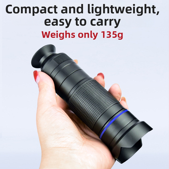 Monokulinis teleskopas mobiliam telefonui, 36× didinimas, 4 mm išeinantis vyzdžio skersmuo, 2,6° matymo laukas, 1080p raiška