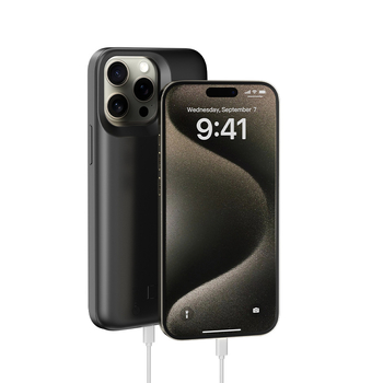 Powerbank vāciņš iPhone 16 Pro Max un iPhone 15 Plus, Li-polymer baterija 6000mAh, QC2.0, 5V ieeja, 10W izeja
