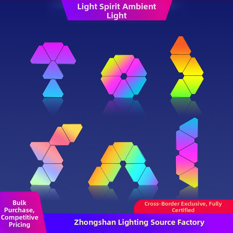 Триъгълен квантов атмосферен светлинен панел за игри — управление чрез приложение, USB 5V захранване, монтаж на стена чрез вакуумно закрепване, изтриване на околен светлинен ефект, поддръжка за персонализация