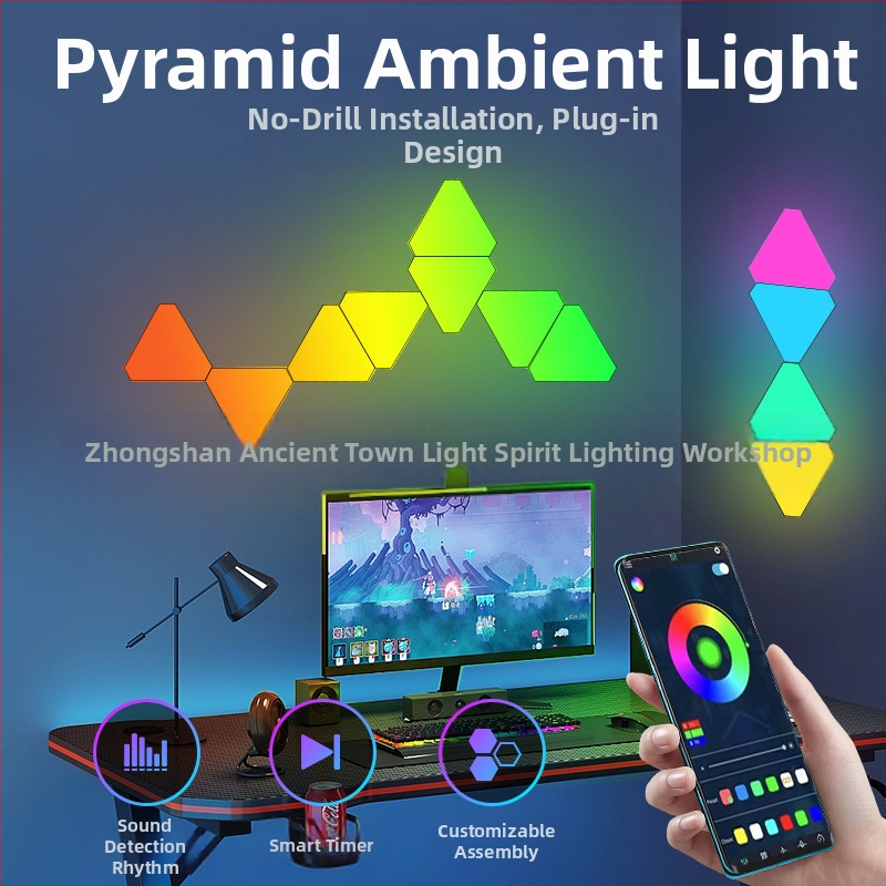 Триъгълен квантов атмосферен светлинен панел за игри — управление чрез приложение, USB 5V захранване, монтаж на стена чрез вакуумно закрепване, изтриване на околен светлинен ефект, поддръжка за персонализация