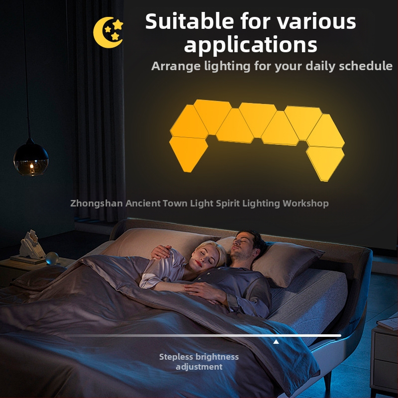 Триъгълен квантов атмосферен светлинен панел за игри — управление чрез приложение, USB 5V захранване, монтаж на стена чрез вакуумно закрепване, изтриване на околен светлинен ефект, поддръжка за персонализация