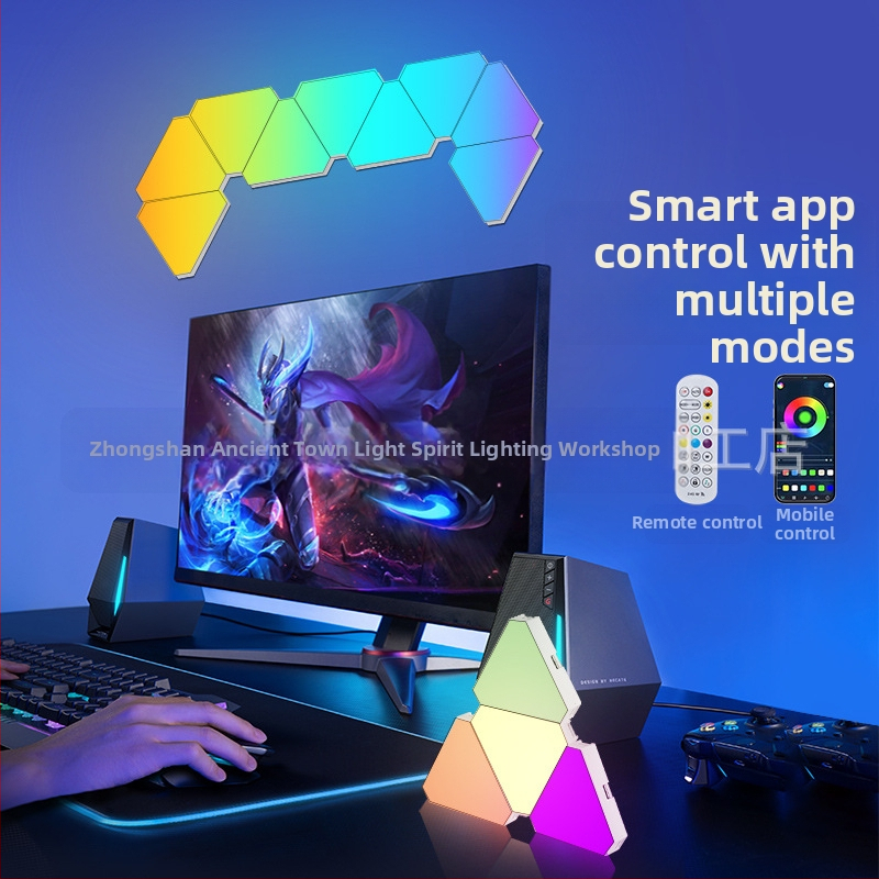 Триъгълен квантов атмосферен светлинен панел за игри — управление чрез приложение, USB 5V захранване, монтаж на стена чрез вакуумно закрепване, изтриване на околен светлинен ефект, поддръжка за персонализация
