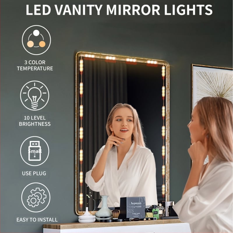 MZ-18 LED огледало с осветление за грим — електронен трансформатор, ≤36V, бутонен превключвател, подходящо за грим, баня, гардероб и студио