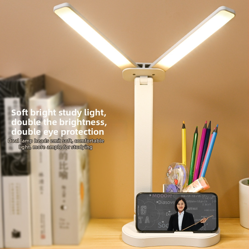 Kétfejű LED asztali lámpa USB töltéssel, összecsukható olvasáshoz, hangvezérlés, beépített Li-ion akkumulátor