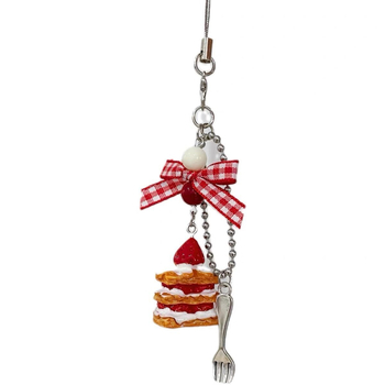 Κρεμαστή διακόσμηση για τσάντα και αλυσίδα κινητού με σχέδιο Strawberry Napoléon Cake, φιόγκο, πλαστικό/ρητίνη, φρουτώδες μοτίβο, φρέσκο και γλυκό στυλ