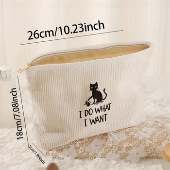 Cosmetic bag Corduroy με φερμουάρ, επεκτάσιμο, μεγάλη χωρητικότητα, εκτύπωση γάτας, πολυεστερική επένδυση, unisex, για οικιακή αποθήκευση
