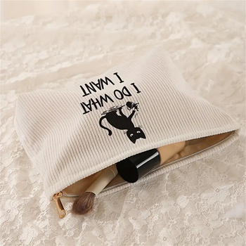 Cosmetic bag Corduroy με φερμουάρ, επεκτάσιμο, μεγάλη χωρητικότητα, εκτύπωση γάτας, πολυεστερική επένδυση, unisex, για οικιακή αποθήκευση