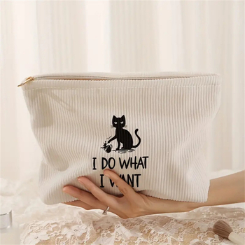 Cosmetic bag Corduroy με φερμουάρ, επεκτάσιμο, μεγάλη χωρητικότητα, εκτύπωση γάτας, πολυεστερική επένδυση, unisex, για οικιακή αποθήκευση