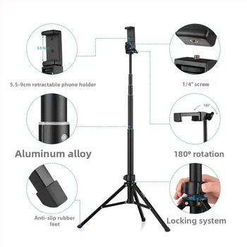 Τρίποδο δαπέδου για κινητό τηλέφωνο και tablet με φως φωτογράφισης (Υλικό: κράμα αλουμινίου; Φορτίο: έως 2 kg; Τύπος PTZ: τρισδιάστατος γυροσκοπικός σταθεροποιητής; Αριθμός τμημάτων: 5; Ρυθμιζόμενο ύψος)