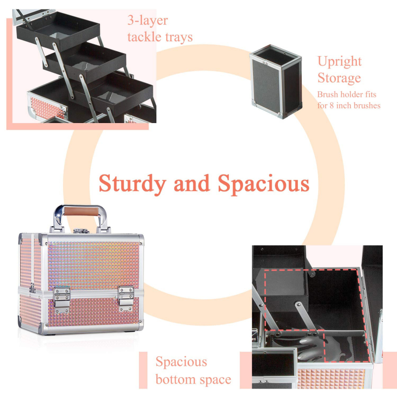 Dimanta raksta kosmētikas kārba, ABS materiāls, alumīnija rāmis, dubultā slāņa konstrukcija, ar slēdzeni, ūdens izturīga, sausā–mitrā atdalīšana